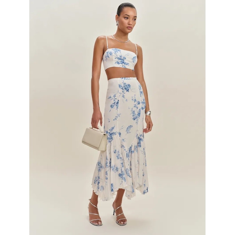 New Reformation Van Crop Top & Midi Skirt Set Cecile Blue Floral Two Piece NWT